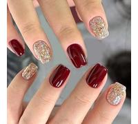 Shimmering Wine Press On Nails With Glitters 24pcs Short Styles Durability ABS Artificial Nails For Christmas Event Glossy French Tip Artificial Nail