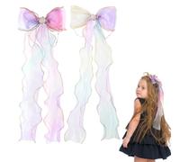 Shimmeroo 2Pcs Rainbow Hair Bows, Princess Bowknot Hair Barrettes with Pearl Colorful Ribbon Bows Alligator Clips Styling Accessories for Women