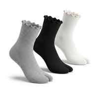 Shimmeroo 3 Pairs Tabi Socks for Women, Ruffle No Show Split Toe, Perfect for Ballet Flats Heels, Black White Gray