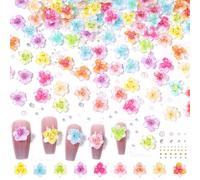 Shimmerz 100 Pieces 3D Flowers for Nails, Colourful Tropical Flower Nail Charms with Flatback Pearls for Mini Caviar Beads, Transparent Flower Charms