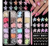 Shimmerz 2 Boxes 3D Nail Soft Flower Charms Set Colours Hibiscus Flower Nail Rhinestone Charms Gradient Soft Lily Flower Nail Jewels Decoration