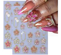 Shimmerz 2 Sheets Flower Nail Art Stickers Decals 5D Embossed Flower Nail Decal Pink Five-petal Gold Blooms Circle Spring Summer Nail Art Bows