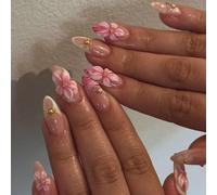 Shimmerz 24 Piece 3D Floral Stickers Nails Medium Almond Pink Blossom False Nails with Rhinestone Designs Sweet Bloom Design for Women