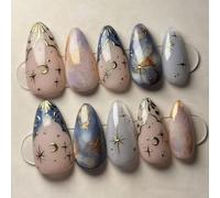 Shimmerz 24 Piece 3D Gold Star Moon Press on Nails Medium Almond Shape Art Nails with Flowing Light Cat Eye Design Gold Glitter False Nails for Women