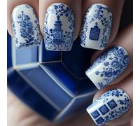 Shimmerz 24 Piece Blue and White Porcelain Nail Art Design Lucky Flowers Chinese Style Blue and White Porcelain Snake Nail Design