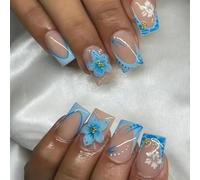 Shimmerz 24 Piece Blue Flower Press-on Nails, French Tip Fake Nails with Gold Glitter Stones in Flower Core, Spring and Summer False Nails