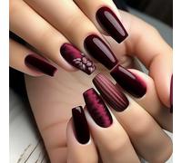 Shimmerz 24 Piece Dark Red Press-On Nails Medium Square Spring Floral False Nails Coffin Shape Press Ons Stripe Designs Glossy Nail Tips