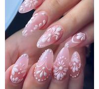 Shimmerz 24 Piece Floral Pattern Medium Almond Pink False Nails, Spring Floral Almond Shaped Stick-On Nails, Shiny Flower Adhesive Nails for Ladies