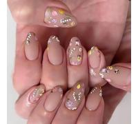 Shimmerz 24 Piece Flower Stickers Nails Medium Almond-Shaped Summer False Nails Matte Natural Coloured Art Nails with Floral and Bee Patterns