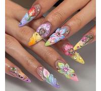Shimmerz 24 Piece Long Almond Shaped Press-On Nails, Floral and Crystal Decoration, Colourful Fake Nails, Stickers for Women, Full Coverage