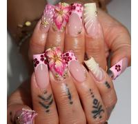 Shimmerz 24 Piece Long Coffin Shape False Nails Pink French Tip Fake Nails with Floral Stripe Design Spring Summer 3D Flowers for Ladies