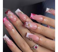 Shimmerz 24-piece Long Square French Tip Artificial Nails, Red Acrylic Stick-on Nails with Floral Designs for Elegant Ladies' Manicure