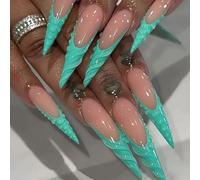 Shimmerz 24 Piece Long Stiletto Nail Stickers French Tip False Nails Blue Patterned False Nails Extra Long Nail Stickers