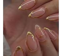 Shimmerz 24 Piece Medium Almond False Nails, French Tip Gold False Nails, Metal Stars and Gold Line Design for Ladies Manicure Decorations