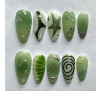 Shimmerz 24 Piece Medium Almond Green Gradient False Nails with Bubbles Silver Star Shell Pattern Nude Fake Nails to Stick Full Cover Acrylic Style Women's Gift