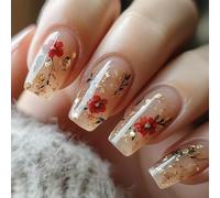 Shimmerz 24 Piece Medium Press Nails with Floral Patterns Red Rose Gold Glitter Summer Nail Art Decoration for Women and Girls Manicure Decoration