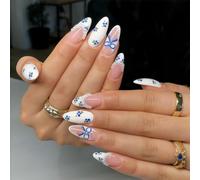Shimmerz 24 Piece Press On Nails Almond Shape Medium White with Bow and Pearls Blueberry Design Reusable Fake Nails French Look for Women Spring