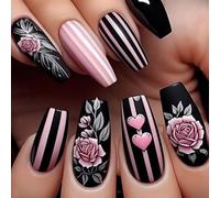 Shimmerz 24 Piece Rose and Heart Striped Medium Coffin Shaped Artificial Nails Glossy Black Pink Fingernails Spring Nails for Women and Girls