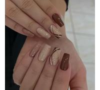Shimmerz 24 Piece Square Press On Nails, Medium Brown, Geometric Pattern, Glitter, Full Coverage Acrylic Nails, Stickers for Women