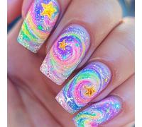 Shimmerz 24 Piece Star Swirl Pattern Press Nails Medium Square False Glossy Rainbow Adhesive Nails for Women