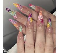 Shimmerz 24 Piece Stiletto Long Stick-on Nails Acrylic False Nails Summer Nails Floral Design Luxurious Clear False Nail Tips for Women