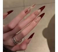 Shimmerz 24 Piece Stiletto Nail Stickers Long Art Nails Distinct Red French Tips with Scattered Rhinestones and Hand-Painted Crosses