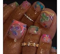 Shimmerz 24 Piece Summer Toes Nail Set Colourful Floral Design Individually Styled Vibrant French Tip False Nails with 3D Print Glitter Artificial Nails for Women