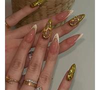 Shimmerz 24 Pieces 3D Gold Curve Line French Tip Garland Long Stiletto Acrylic Nails Glossy Gold Flow Sticker Nails Y2k Design