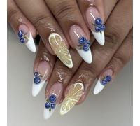 Shimmerz 24 Pieces Almond Sticker Nails Medium Length Summer False Nails with 3D Lemon and Blueberry Patterns Cute Shiny Acrylic Nails for Women
