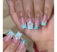 Shimmerz 24 Pieces Blue French Tip Artificial Nails Medium Length Square 3D Flower False Nails with Gems Summer Floral Design for Women