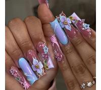 Shimmerz 24 Pieces French Tip Artificial Nails Long Square Blue Nails with Floral Pattern Floral Design Self-Adhesive False Nails for Women