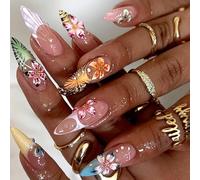 Shimmerz 24 Pieces French Tip Medium Almond Sticker Nails 3D Floral Fake Nails Tropical False Nails with Rhinestone Flower Patterns