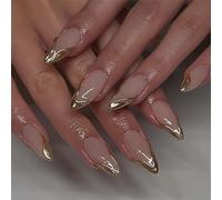 Shimmerz 24 Pieces Gold Stickers Nail Almond Shape Medium False Nails with 3D Gold Chrome Design Nail Stickers Stiletto Acrylic Nails Shine