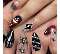 Shimmerz 24 Pieces Goth Press On Nails, Halloween, Day of the Dead, Web Stripe Design, Medium Almond, Gloss, Full Cover, Artificial Nails for Women & Girls