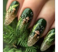 Shimmerz 24 Pieces Green Glitter Stickers Nails, Medium Almond-Shaped False Nails, with Mushroom and Leaf Pattern Gradient Stick-On Nails
