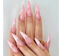 Shimmerz 24 Pieces Long Stiletto Sticker Nails French Tip Pink Star Design False Nails Full Cover