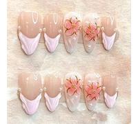 Shimmerz 24 Pieces Medium Almond Shaped Styling Nails with Elegant Pink Gradient and Floral Accents Reusable French Design Artificial Nails for Women