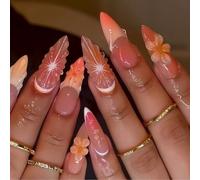 Shimmerz 24 Pieces Medium Almond Styling Nails Orange Glossy with Hand-Painted Flower Designs Stiletto Artificial Nails for DIY Summer Nail Art
