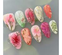 Shimmerz 24 Pieces Medium Length Almond Artificial Nails Set colourful hand-painted Flowers Butterflies Leaves French Tip self-adhesive elegant for Spring Summer Gift Idea