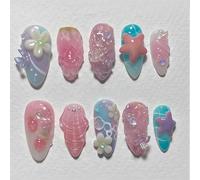 Shimmerz 24 Pieces Medium Length Almond Style Nail Set 3D Flower Starfish Dream French Look Reusable Nail Tips for Adhesion Ladies' Manicure