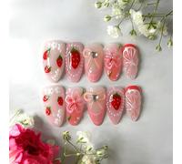 Shimmerz 24 Pieces Press On Nails Medium Almond Shape With 3D Bow And Fruit Design Hand-Painted Strawberry Lemon Reusable Artificial Nails For Ladies
