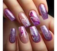 Shimmerz 24 Pieces Purple Fine Glitter Flakes and Line Pattern Purple French Tips False Nails Sweet Full Cover Glitter Diamond Sticker Nails for Women
