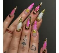 Shimmerz 24 Pieces Rhinestone Nail Stickers Medium Almond Fake Nails Golden Overlay Design and Golden Hearts Full Coverage