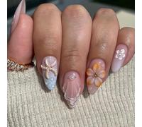 Shimmerz 24 Pieces Summer Press On Nails in Almond Shape with 3D Starfish Shell and Hibiscus Design Medium Sized French Style False Nails for Women's DIY Ocean Nail Decoration