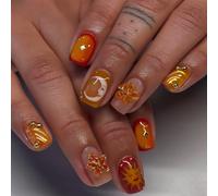 Shimmerz 24 Pieces Sun Moon Press On Nails Short Square Artificial Nails Orange with Gold Design Shiny Self-Adhesive Acrylic Full Cover Fake Nails For Women Manicure