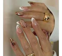 Shimmerz 24 Pieces White French Tip Press-on Nails with 3D Gold Design Nude Gloss Artificial Nails Rhinestone Full Cover Short Almond Shape Fake Nails for Women Manicure
