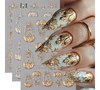 Shimmerz 3 Sheets 5D Embossed Flower Nail Art Stickers Decals French Engraving Nail Art Decals Gold Silver Blossom Heart Tree Retro Luxury Manicure Accessories
