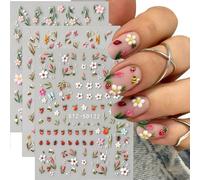 Shimmerz 3 Sheets 5D Embossed Ladybird Bee Strawberry Flower Nail Decal 3 Pieces Self-Adhesive Spring Stickers for Nails Cute Nail Art Accessories