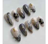 Shimmerz 30 Piece Almond Style Nail Set Medium Length 3D Marble Gold Leaf French Tip Reusable Full Cover Fake Nails for Elegant Ladies Manicure