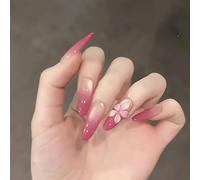 Shimmerz 30 Piece Long Pointed Press On Nails with 3D Floral Design Cat Eye Effect and Pink Gradient Elegant Ready-to-Wear Artificial Nails for Ladies